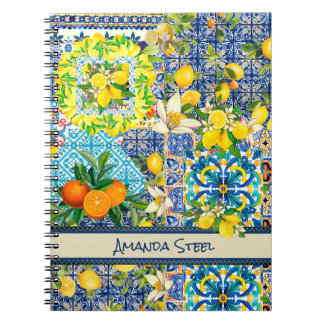 Caderno Espiral Azulejos florais de citrinos de cor azul-chic