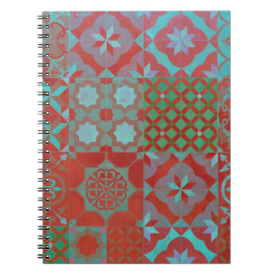 Caderno Espiral Azulejos legal e modernos do Egeu em vermelho e az