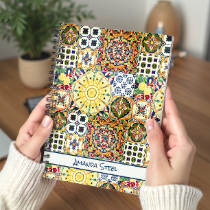 Caderno Espiral Azulejos Mediterrâneos Laranja Geométricos Chic Mo