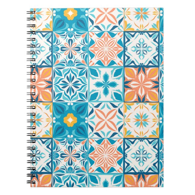 Caderno Espiral azulejos ornamentados em azul e laranja (Frente)