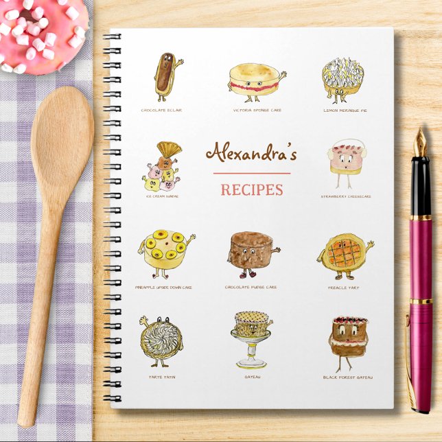 Caderno Espiral Baking Recebe Bonito Bolo Cartoon Art add Name (Baking recipe custom notebook with cute cake and dessert watercolor cartoon illustrations )