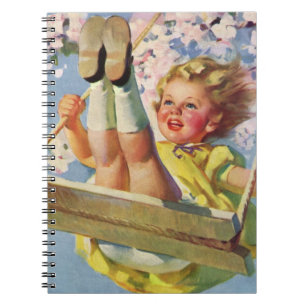 Caderno Espiral Balanço Vintage, Menina Balançando em uma Árvore B