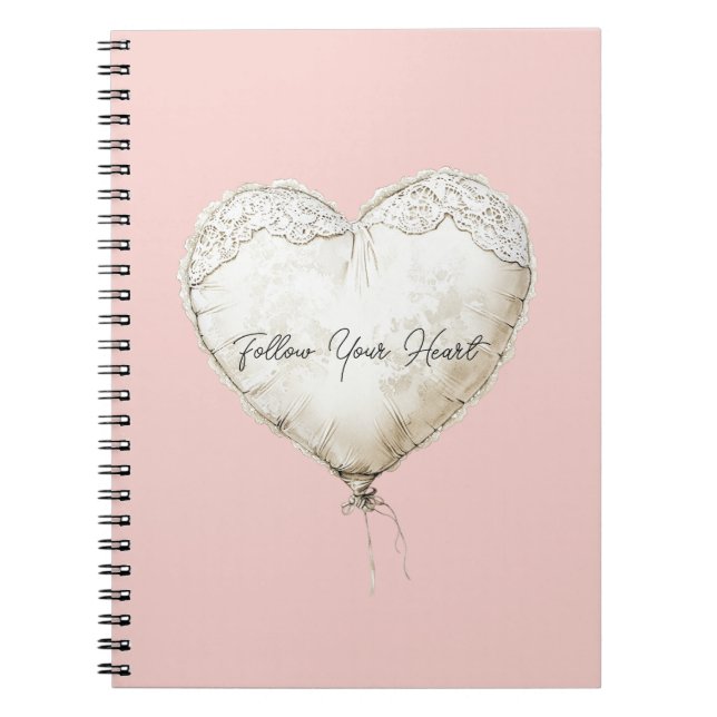 Caderno Espiral Balão Coração de Renda Falsa Rosa Branco (Frente)