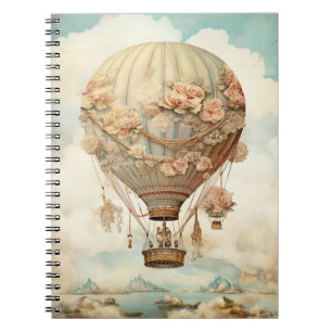 Caderno Espiral Balão de Ar Quente Azul Floral Azul Vintage Steamp
