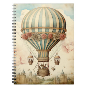 Caderno Espiral Balão de Ar Quente com Stripe Azul Floral Vintage