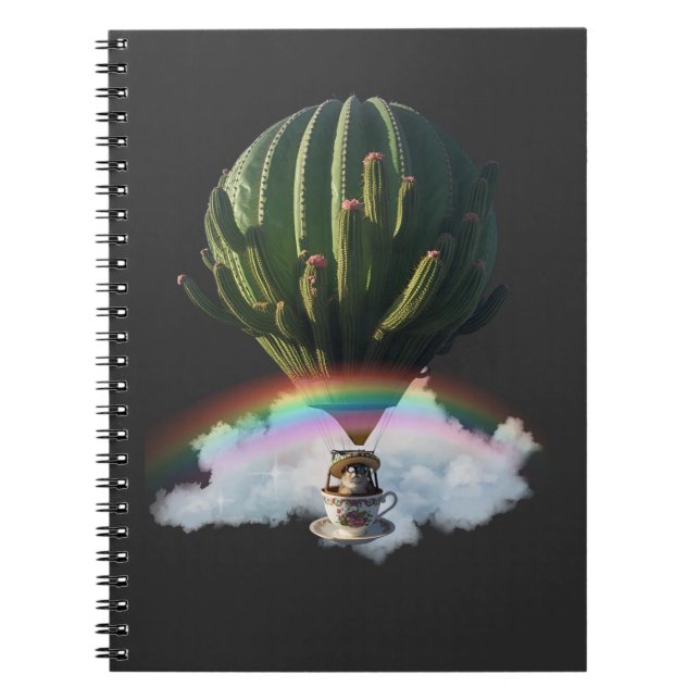 Caderno Espiral Balão de Ar Quente de Gato Surreal com Cactus e Ra (Frente)