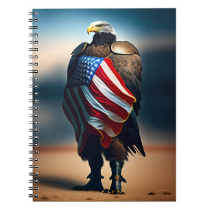 Caderno Espiral Bald Eagle Vestindo Armor Segurando Bandeira Ameri