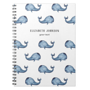 Caderno Espiral Baleia azul. Animal marinho. Padrão de marinho náu
