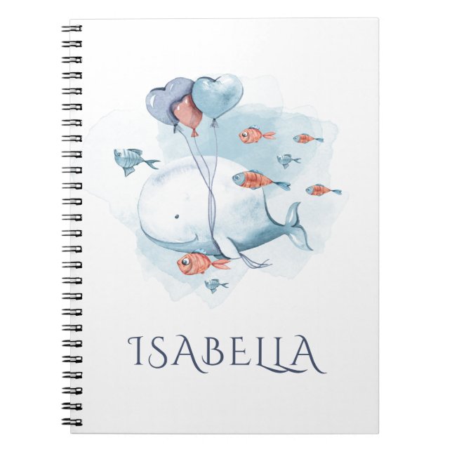 Caderno Espiral Baleia e Peixes Personalizados com Aquarela Capric (Frente)