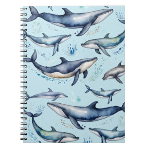 Caderno Espiral Baleias e golfinhos de cor azul, marinheiro