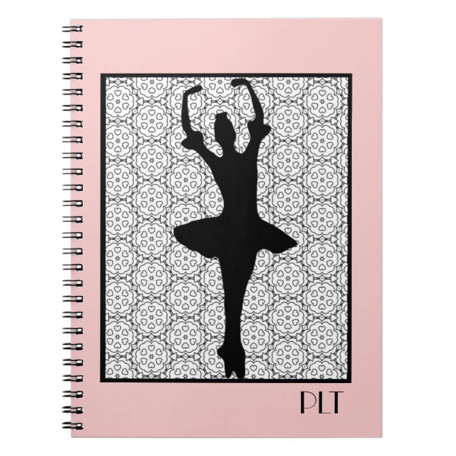 Caderno Espiral Ballerina Silhouette em um padrão de Heart Mandala (Frente)