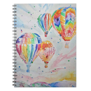 Caderno Espiral Balões de ar quente coloridos com aquarela com pi