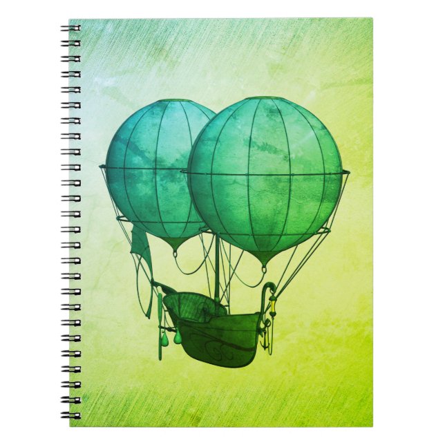 Caderno Espiral Balões de Ar Quente Steampunk com Verde Navio (Frente)
