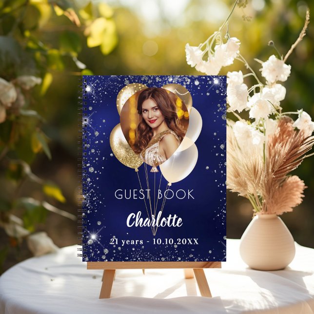 Caderno Espiral Balões de ouro de marinho azul de aniversário do l (Criador carregado)