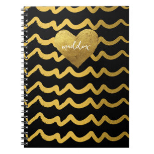 Caderno Espiral Bandas de Gliteria Douradas e Pretas Personalizada