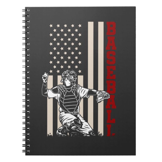 Caderno Espiral Bandeira Americana de Baseball Catcher Estimulador (Frente)
