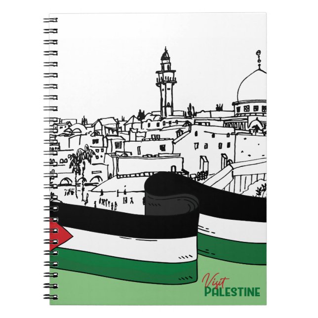 Caderno Espiral Bandeira da Palestina e casas antigas feitas à mão (Frente)