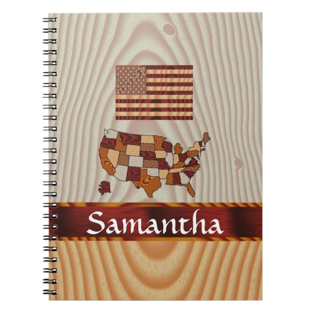 Caderno Espiral Bandeira e mapa americanos de madeira (Frente)
