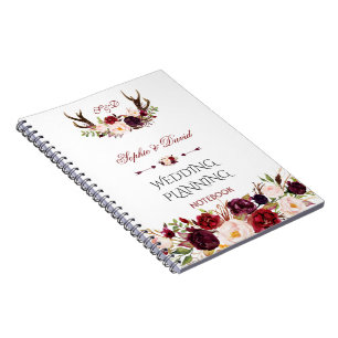Caderno Espiral Bandeira Marsala Floral Antlers de Casamento