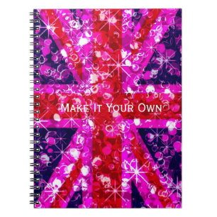 Caderno Espiral Bandeira Sparkly do Reino Unido do rosa