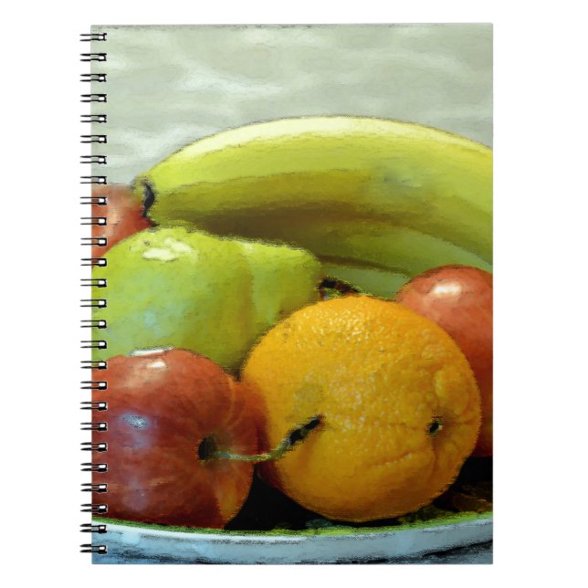 Caderno Espiral Bandeja de frutas colorida, laranja, maçã, pera, (Frente)