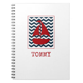 Caderno Espiral Barco à Vela Náutico Infantil NOME Vermelho Branco