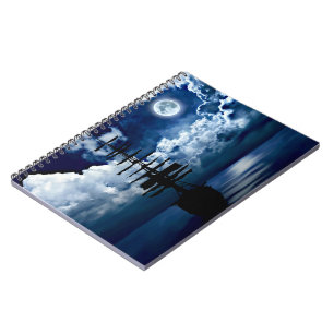 Caderno Espiral Barco com lua cheia computador portátil