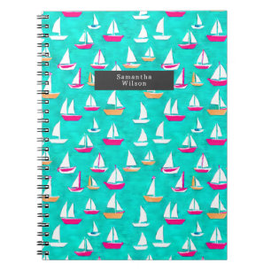 Caderno Espiral Barcos à vela Padrão Pink e Aqua