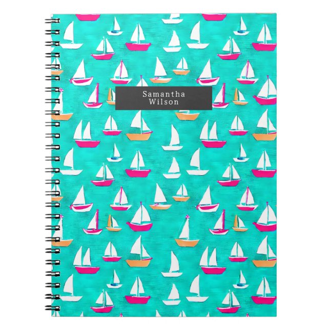 Caderno Espiral Barcos à vela Padrão Pink e Aqua (Frente)