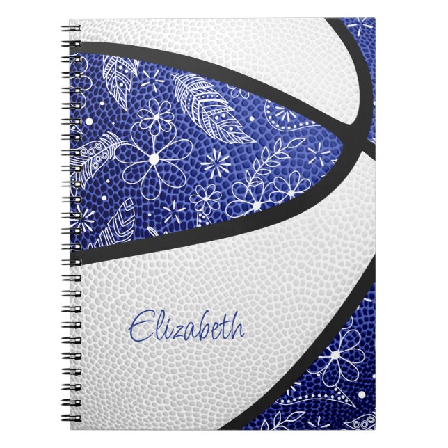 Caderno Espiral Basquete boho penas paislies azul branco (Frente)