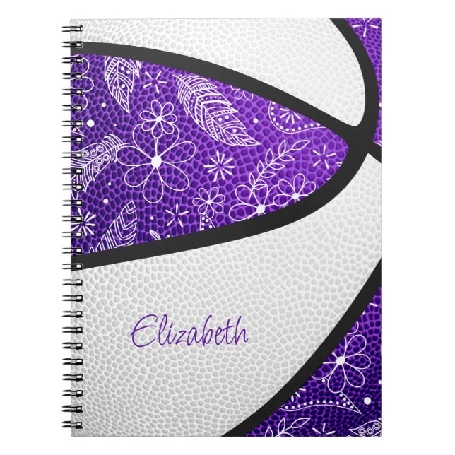 Caderno Espiral Basquete boho penas paislies roxo branco (Frente)