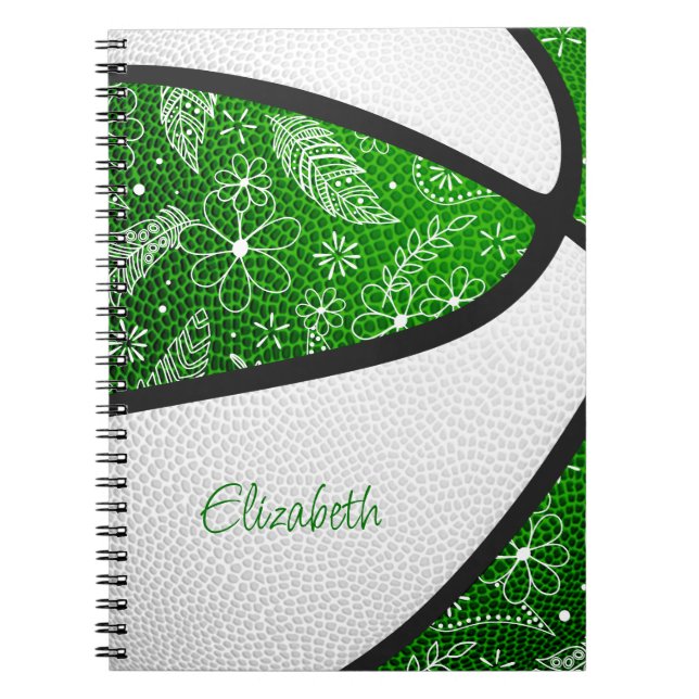 Caderno Espiral Basquete boho penas paislies verde branco (Frente)