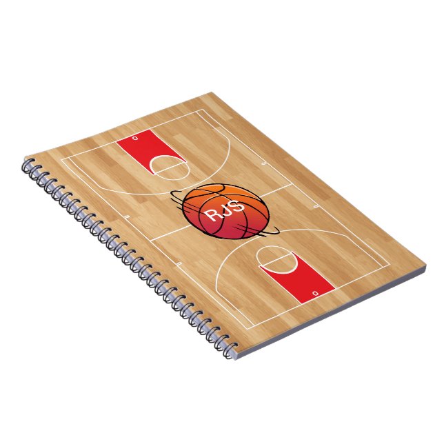 Caderno Espiral Basquete Monograma no campo de basquetebol (Lado Direito)