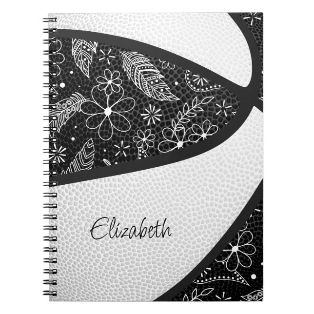 Caderno Espiral Basquete preto e branco penas paislies boho (Frente)