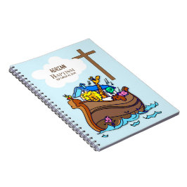Caderno Espiral Batismo Menino Arca de Noé, Personalizado Animais 