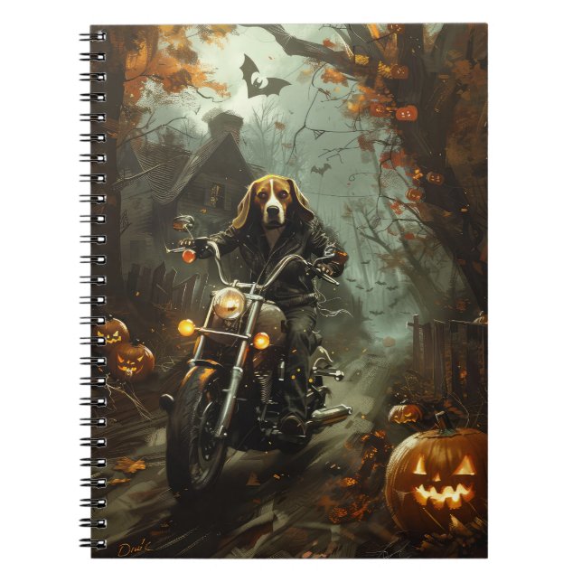 Caderno Espiral Beagle Riding Motorcycle Halloween Scary (Frente)