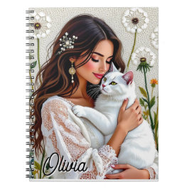 Caderno Espiral Beautiful Woman, Cat and Dandelions Personalized