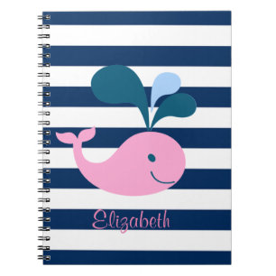 Caderno Espiral Bebê Baleia Fofa, Listras Azul-Marinho-Personaliza