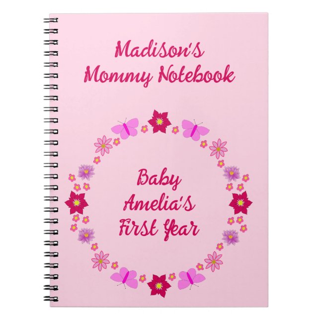 Caderno Espiral Bebê rosa Borboletas e Flores Nova mãe (Frente)