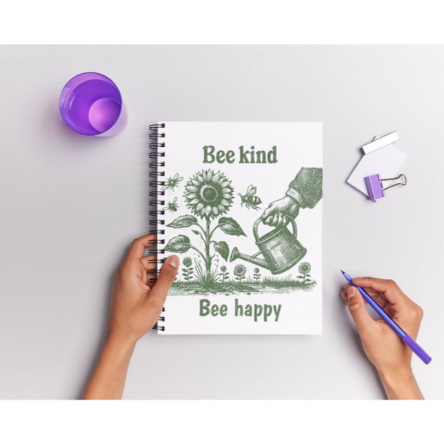 Caderno Espiral Bee Kind Bee Happy  Sunflowe Woodcut Garden (Criador carregado)