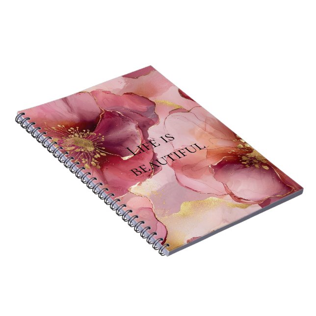Caderno Espiral Bege Dourado Rosa Borgonha Floral  (Lado Direito)