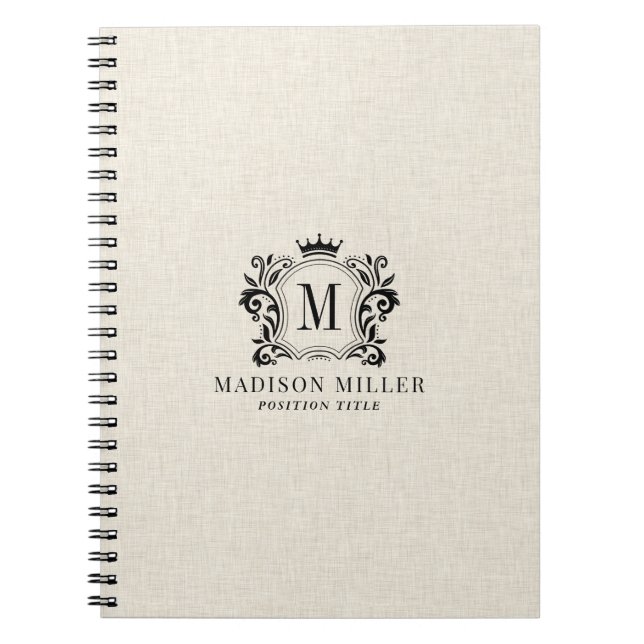 Caderno Espiral Beige Linen Black Royal Crest Crown Monogram (Frente)