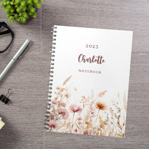Caderno Espiral Beige rosa-prateado de flor selvagem