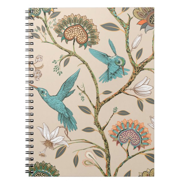 Caderno Espiral Beige sem costura com flores estilizadas e b (Frente)