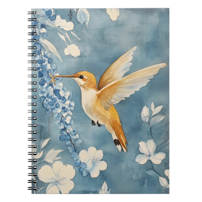 Caderno Espiral beija-flor em voo entre flores brancas (Frente)