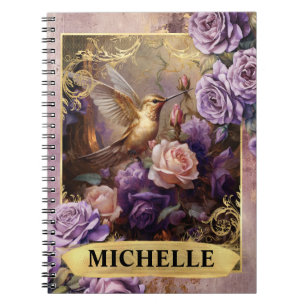 Caderno Espiral Beija-flor Roxo Romântico e Rosas Fantasia