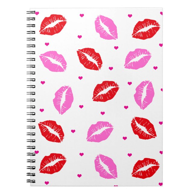 Caderno Espiral Beijo, Lábios Rosa e Vermelho, Notebook Coração (Frente)