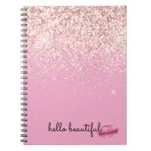 Caderno Espiral Beijo Rosa Lábios Rubor Glitter        