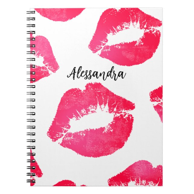 Caderno Espiral Beijos de Batom Vermelho Rosa em branco (Frente)