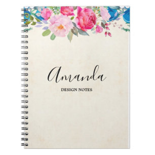 Caderno Espiral Beira cor-de-rosa e azul bonito da flor